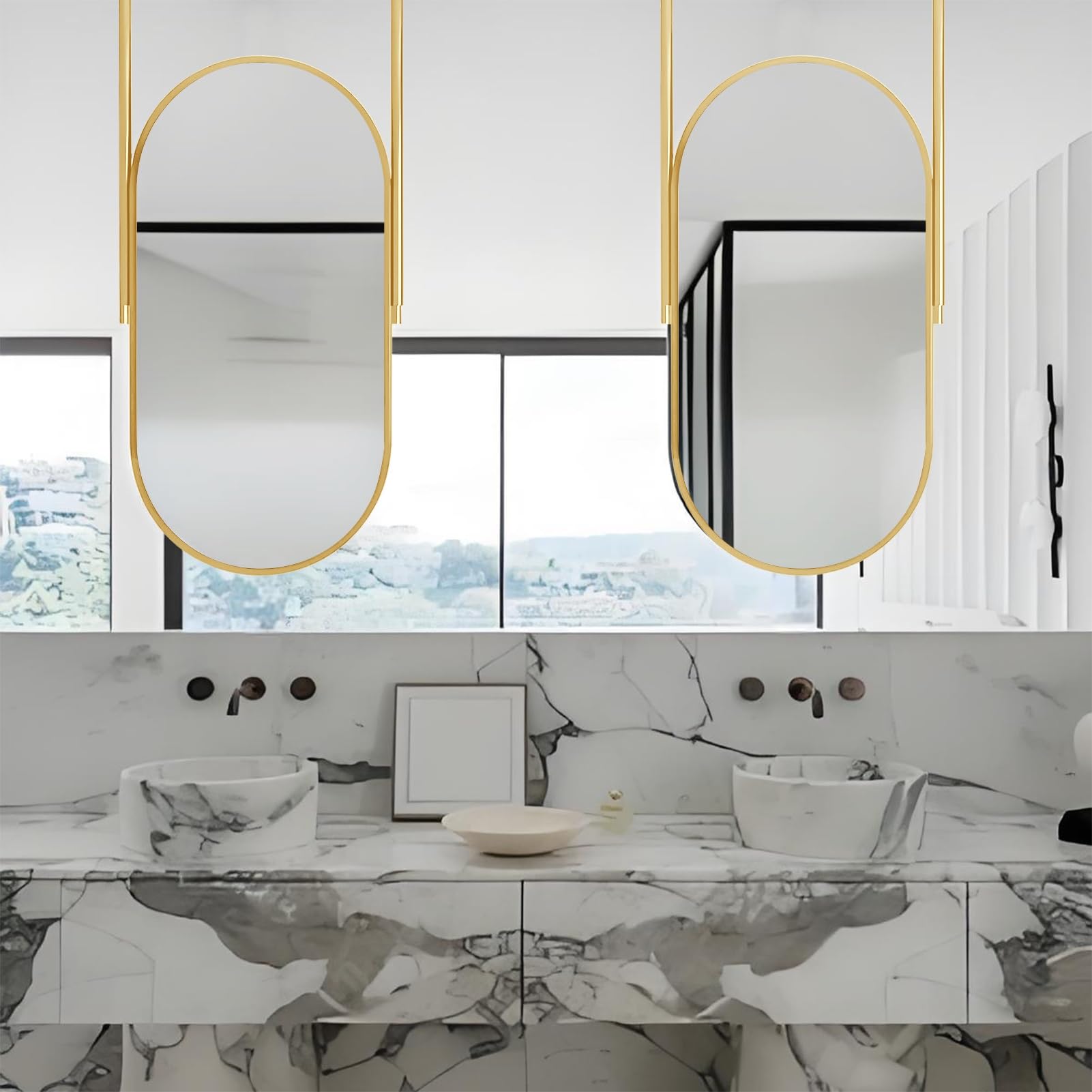 FGXHHS Ceiling Mounted Hanging Mirror, Gold Oval Mirror for Bathroom Vanity Makeup, Vertical Wall-Mounted Mirrors Home and Hotel -Customizable Boom(40cmx60cm)
