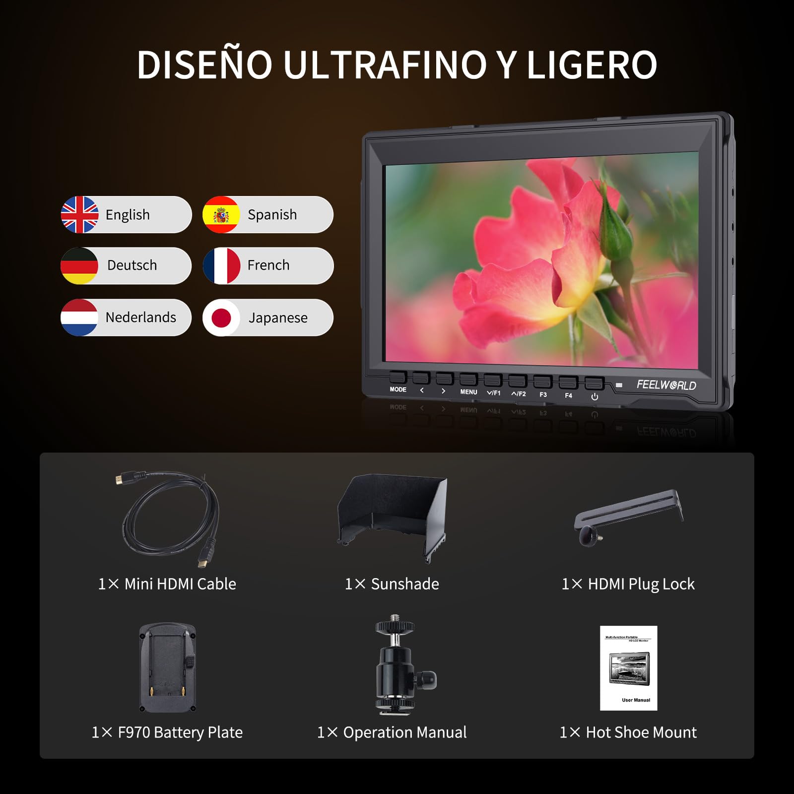 Feelworld FW759 7 Pulgadas On Cámara Field Monitor de Campo DSLR Camera Full HD Focus Video Assist 1280x800 IPS con 4K HDMI Input Output