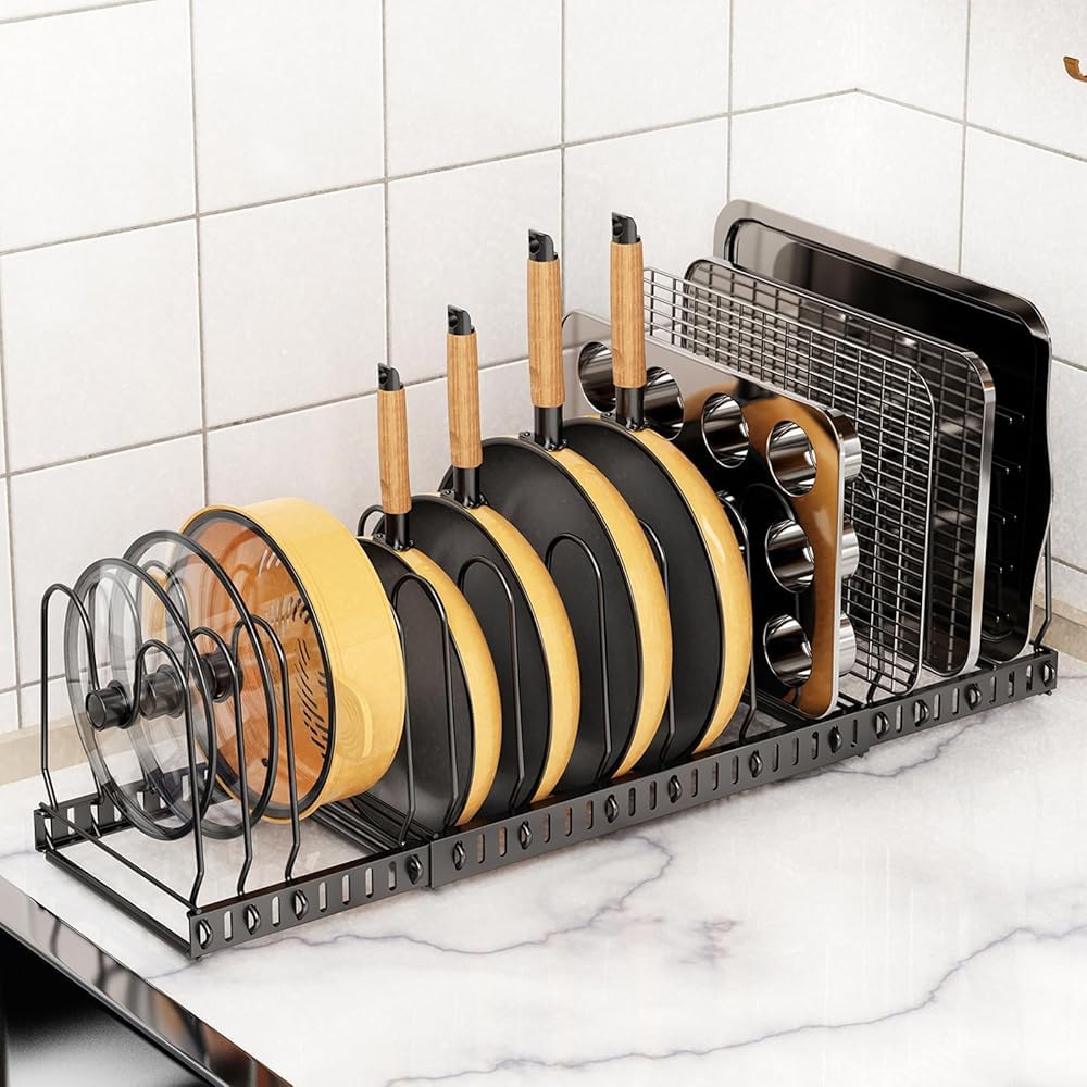 Organizador de ollas y sartenes para debajo del gabinete, organizador de sartenes y ollas expandible, estante con 12 separadores de diferentes tamaños para armario de cocina, despensa, utensilios de