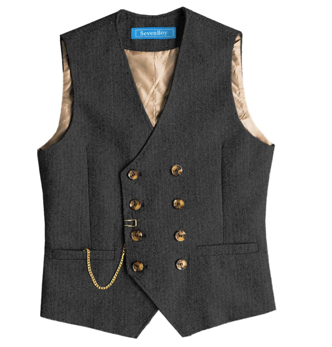 SevenBoy Men's Casual Suit Vest Regular Fit Wool Herringbone Waistcoat For Wedding and Party