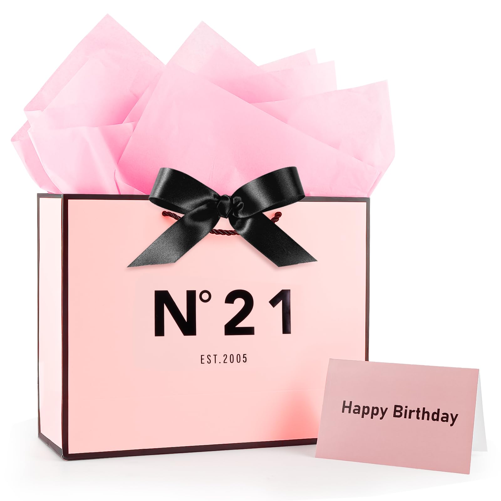 Girls Pink 21st Birthday Gift Bag 13" with Card Bow Ribbon and Tissue Papers for Celebrating Girls 2005 Born Birthday Anniversary Present Paper Bags for Gifts Wrapping(EST.2005 21st)