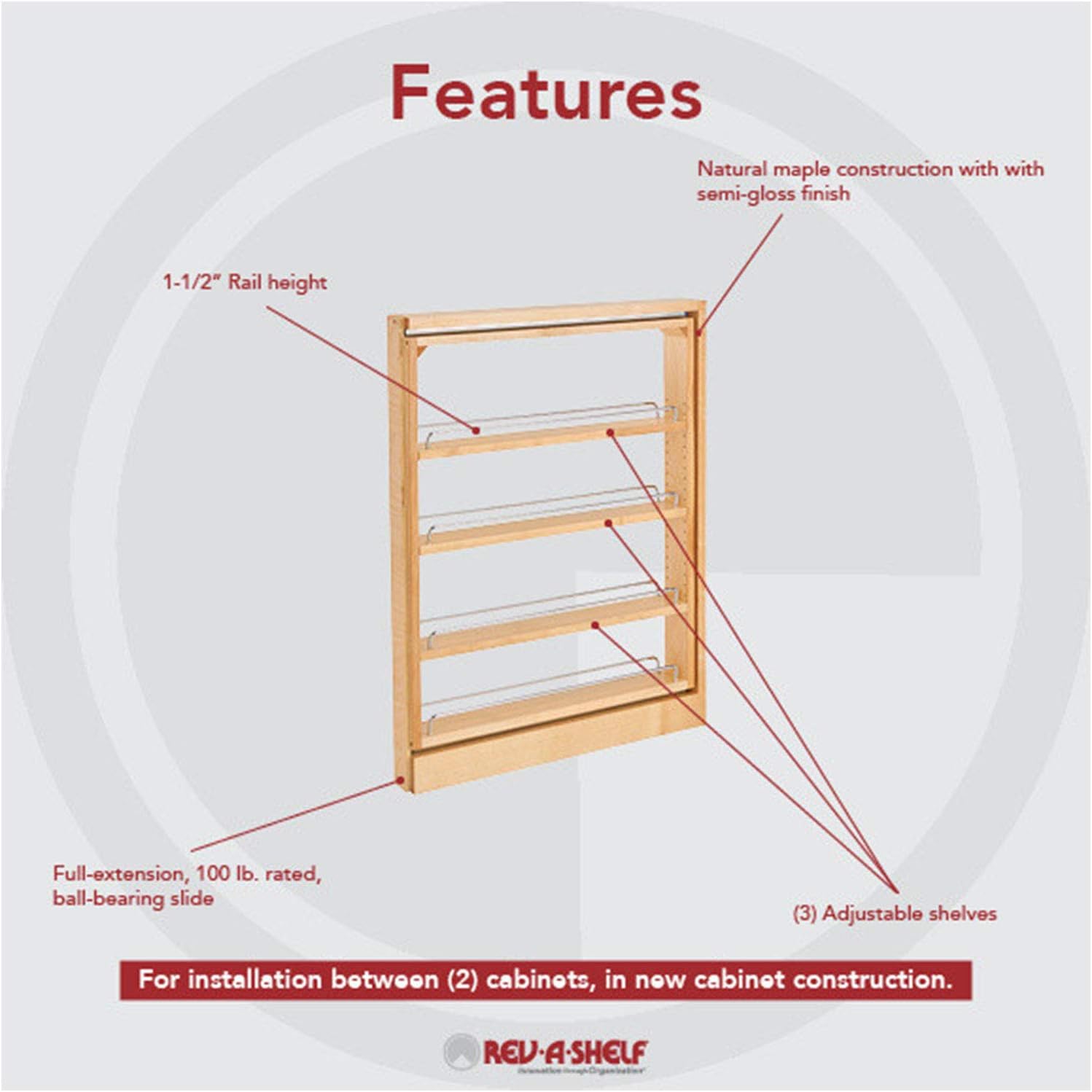 Weekly Top Sale Rev-A-Shelf 432-BF-3C 3-Inch Base Cabinet Filler Pullout Kitchen Wooden Spice Rack Holder Shelves for Storage Organization
