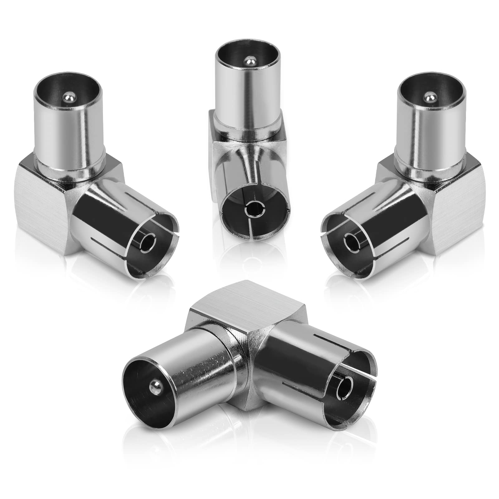 UNQMAG 4 PCS 90 Degree Right Angle Coaxial TV Aerial Connector, TV Male Aerial Adaptor to Female Adapter Right Angle RF Coaxial Plug Lead Adaptor for TV Signal Transmission Equipment Receivers