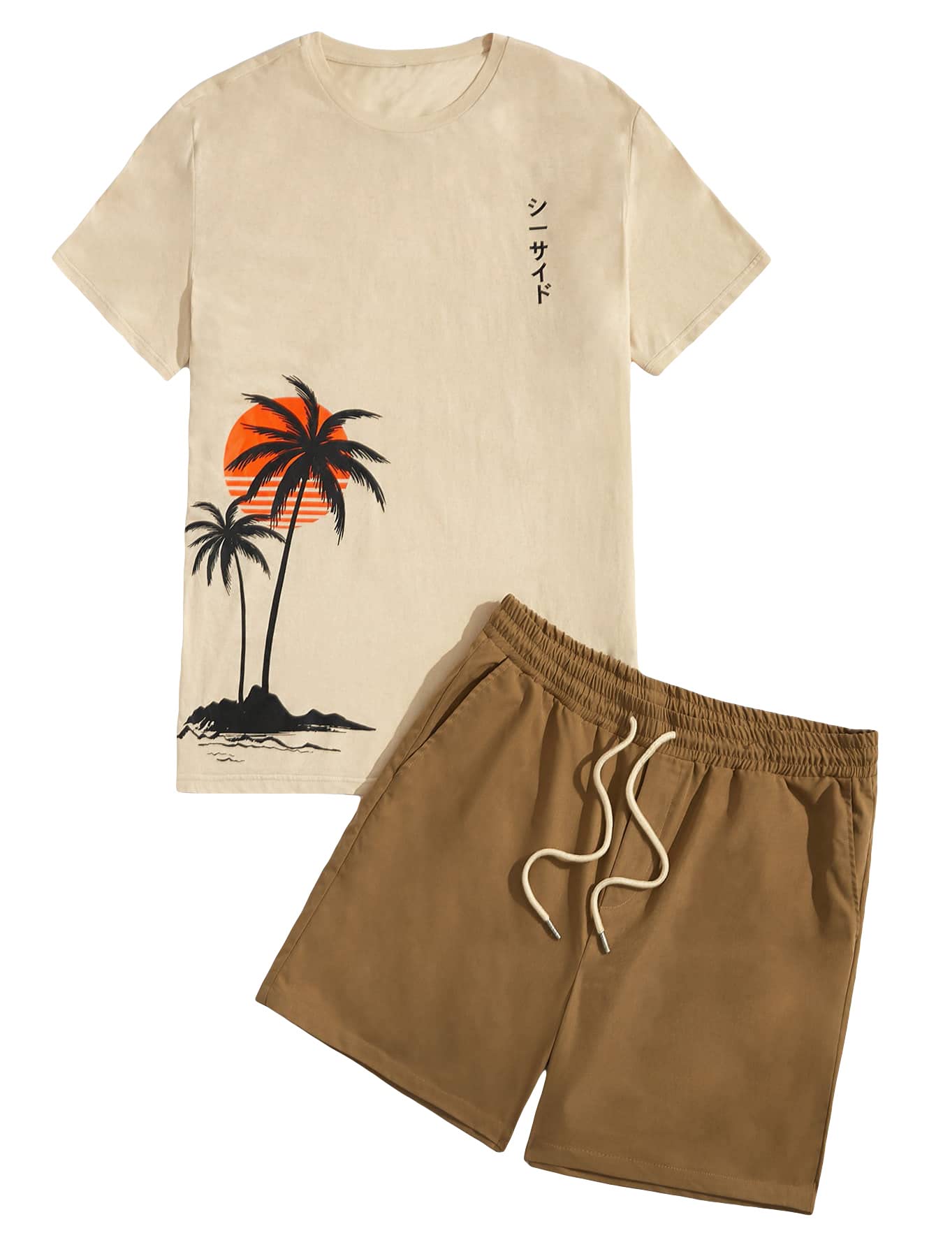 GORGLITTERMen's 2 Piece Outfits Tropical Print Short Sleeve Tee and Drawstring Waist Shorts Set