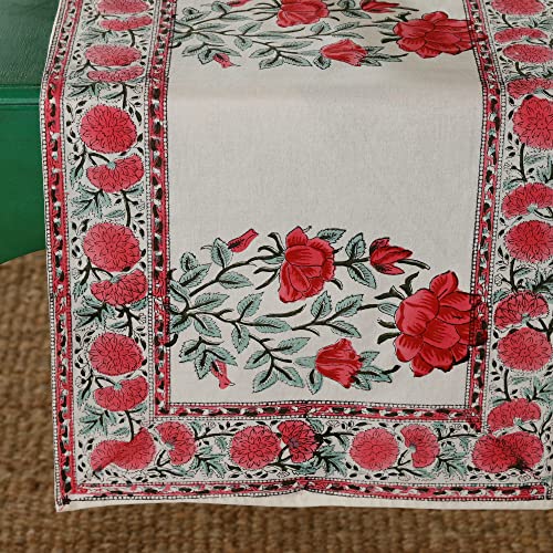 Image of Ravaiyaa - Attitude is Everything Hand Block Printed Cotton Table Runner | Floral Printed Table Runner for Home Decor, Kitchen | 60 x 16 Inch-(Red Lotus)
