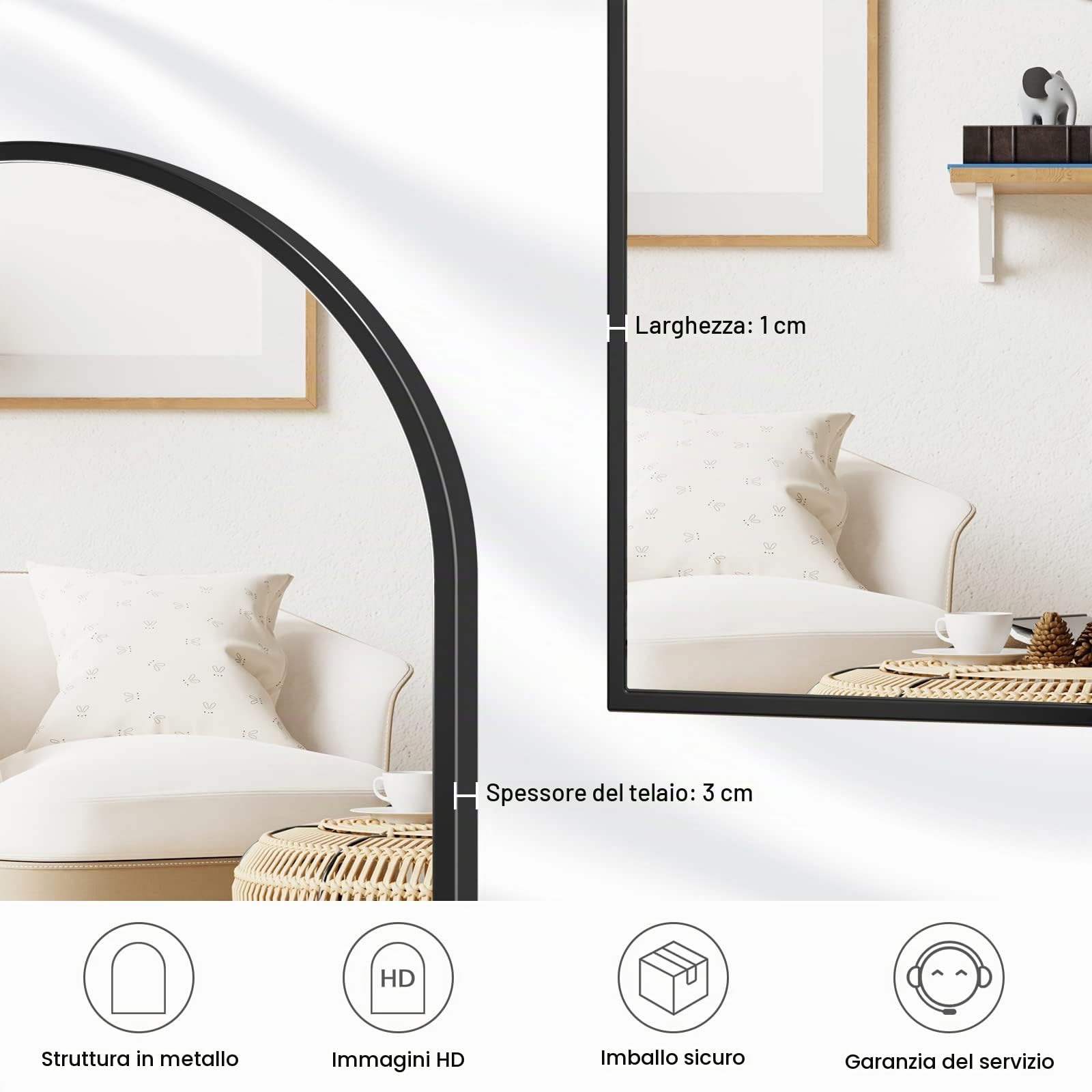 Dripex Specchio da parete Arco 60x90 cm con Metallo in alluminio, HD Bagno Specchi con Immagine Nitida per Trucco Decorativo Soggiorno - infrangibile (Nero)