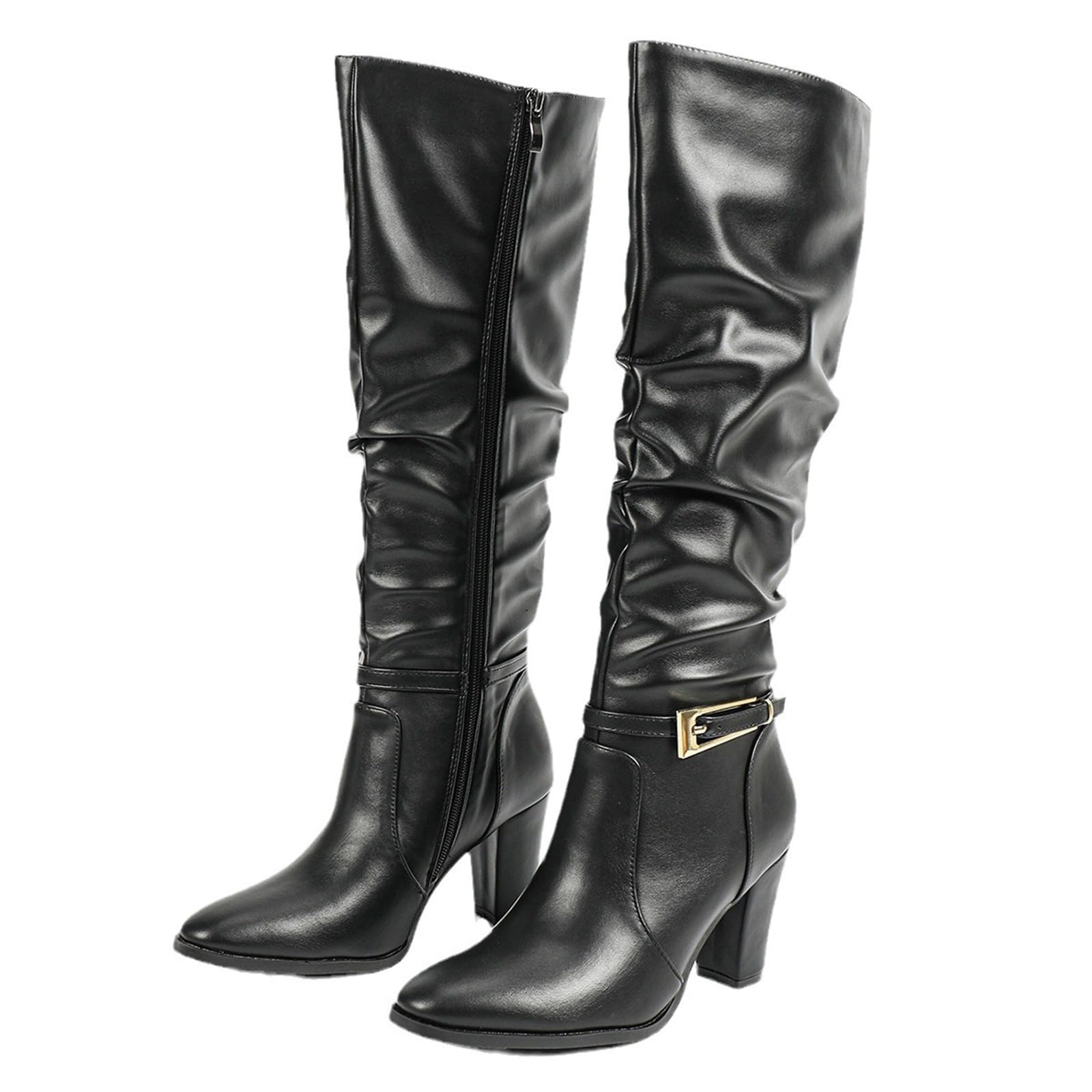 Bottes Hautes à Genoux Sexy à Talons Hauts Bottes décontractées Side Zipper plissé en Cuir Tall Boots