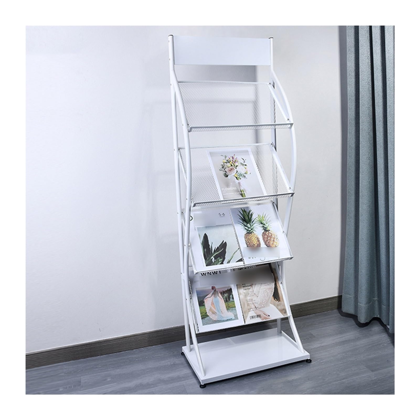 Présentoir à brochures et étagère blanche 4 niveaux pour journaux et magazines