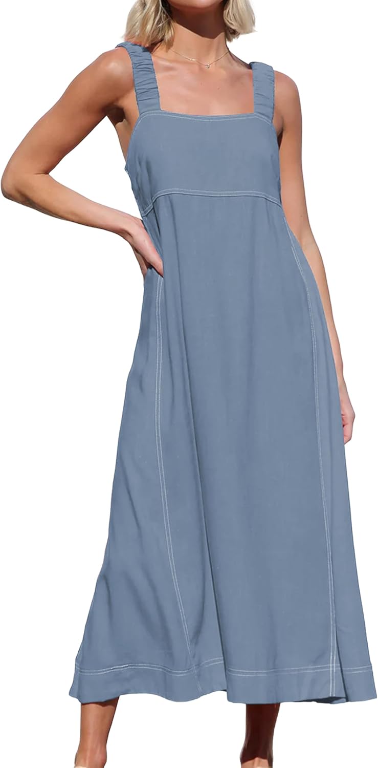 LTSCNRM Women's Summer Casual Midi Dress Square Neck Elastic Spaghetti Strap Sleeveless A-Line Beach Dresses