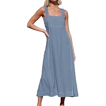 LTSCNRM Womens Summer Casual Midi Dress Square Neck Elastic Spaghetti Strap Sleeveless ALine Vacation Travel Dresses
