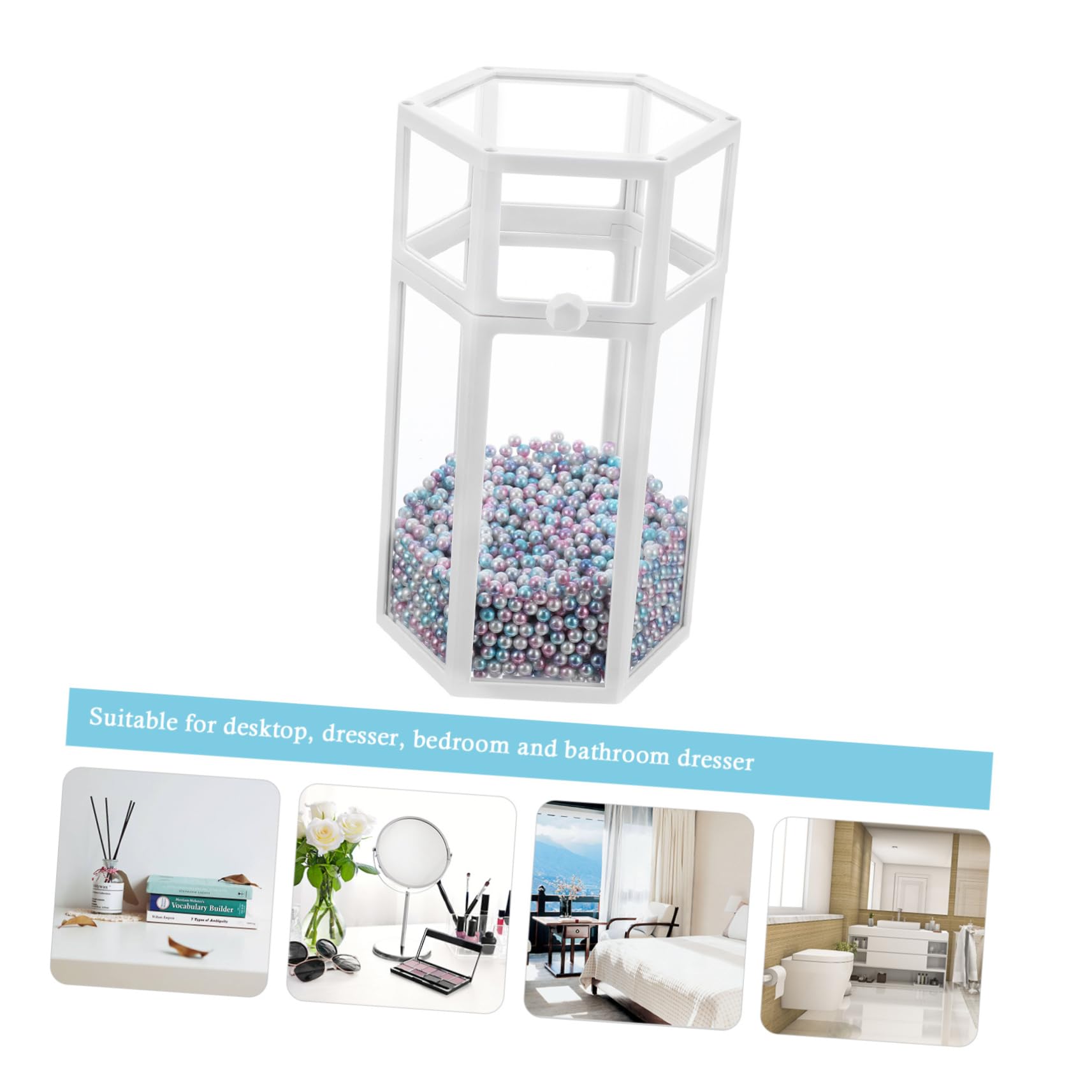 OUNONA Glass Cosmetic Brush Storage Box with Lid Elegant Six Sided Organizer with Pearls for Eyeliner Makeup Brushes for Vanity Bedroom and Bathroom Display