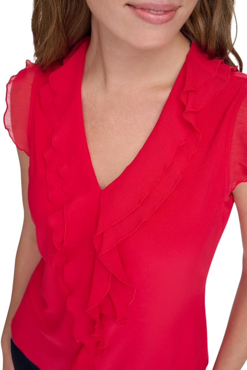 Tommy Hilfiger Women's Sleeveless Mix Media Ruffle Front Blouse - Image 3