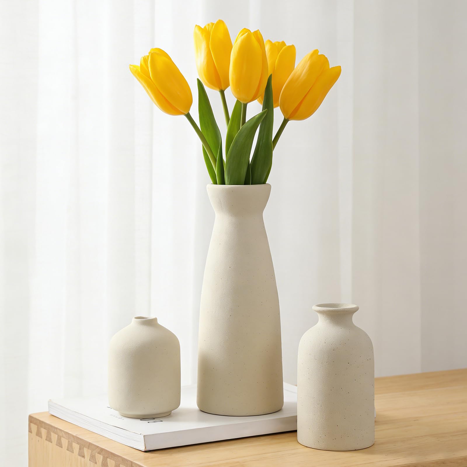 Keramik Vasen Set 3er Blumenvase für Deko Schlafzimmer, Moderne Home Decor Boho Landhaus Rustikale Vase für Pampasgras