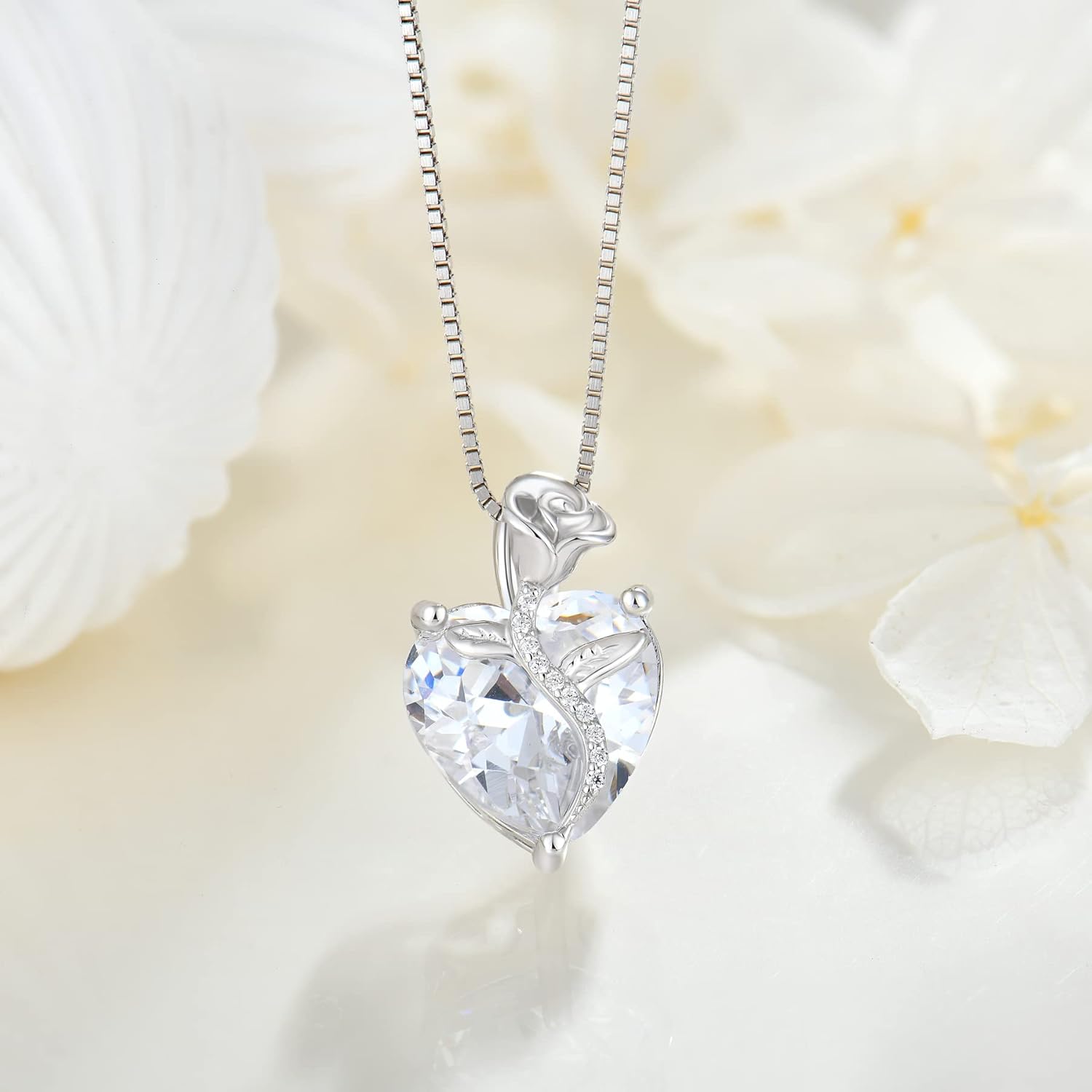 FJ Love Heart Necklace 925 Sterling Silver Rose Flower Pendant Birthstone Jewelry for Women