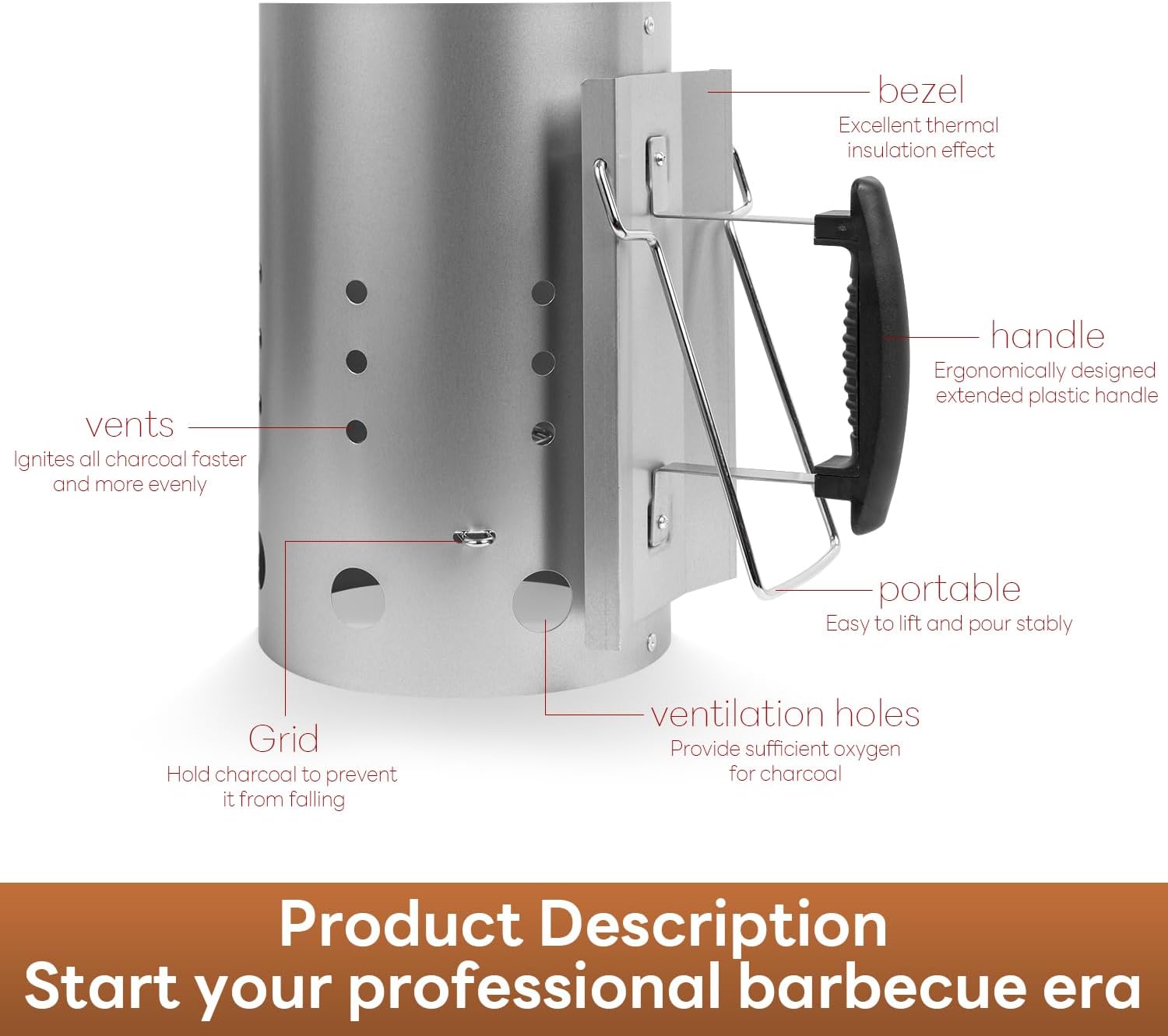 Charcoal Chimney starter, chimney charcoal starter for charcoal barbecue grills, suitable for outdoor cooking and barbecue (large)