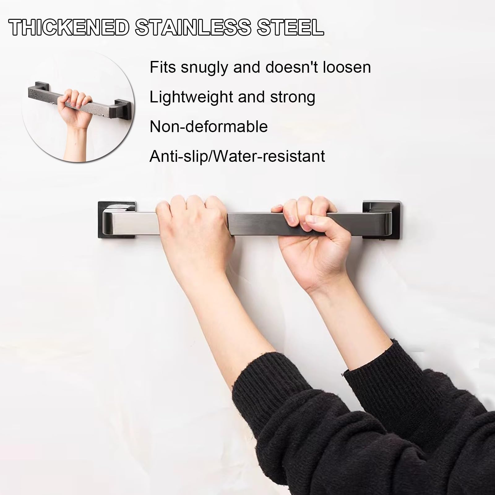 Barras de Apoyo para Ducha, asideros para Personas Mayores, Acero Inoxidable, Ganchos para Albornoces, Laterales para Inodoro, armarios de baño (Negro, 80 cm/31 Pulgadas)
