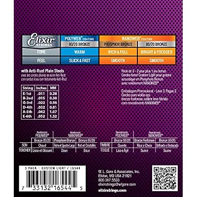 Elixir Strings, Acoustic Guitar Strings, Phosphor Bronze with NANOWEB Coating, Longest-Lasting Rich  Tone with Comfortable Feel, 6 String Set, 3 Pack, Custom Light 11-52