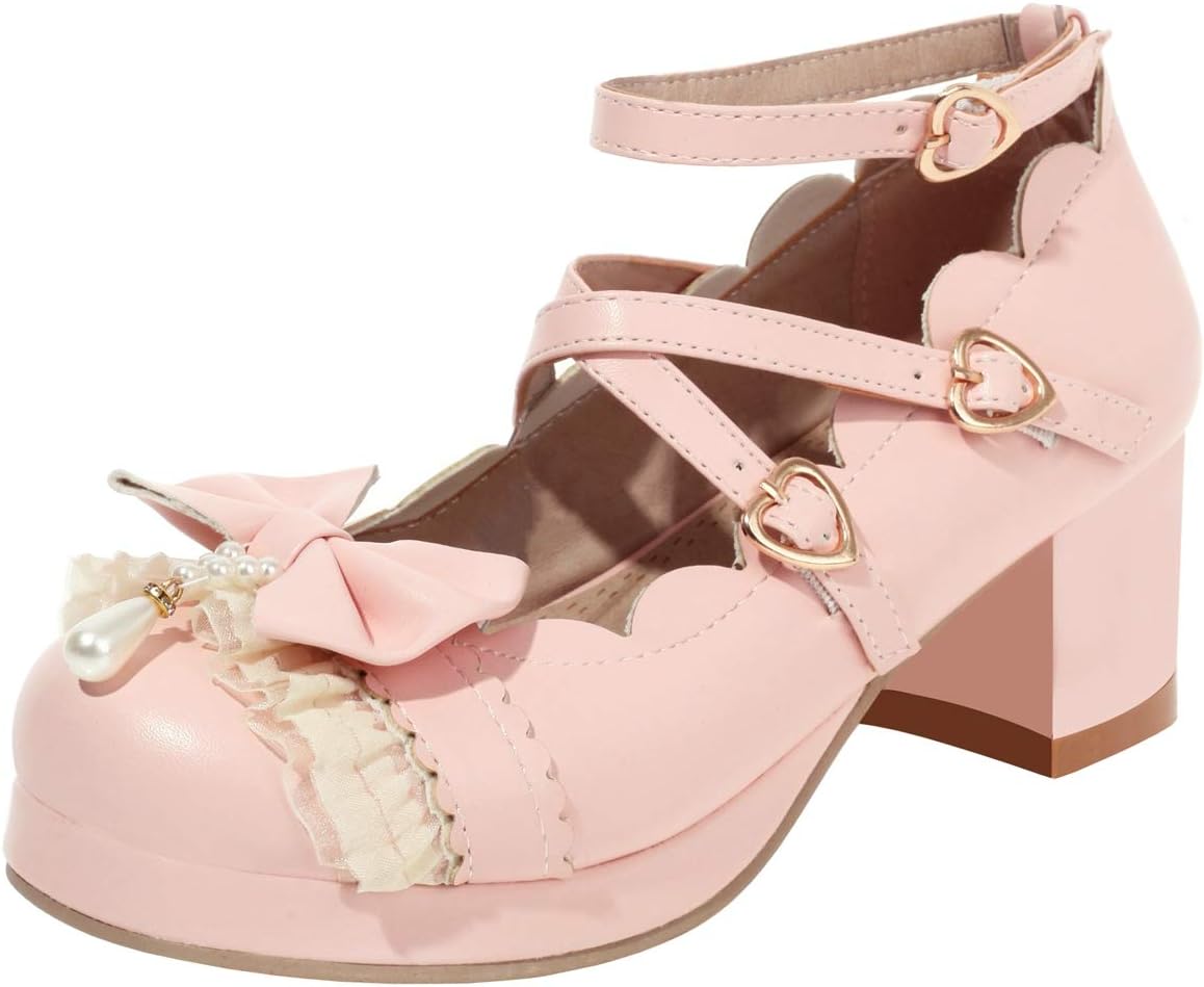 KOKOMOMO Womens Sweet Cute Kawaii Platform Cosplay Shoes Chunky Mid Heels Mary Janes with Bow Buckles Strappy Pumps