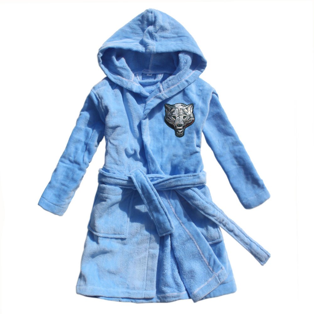 2018 New boy Bathrobe 100% Cotton Wolf Embroidery Children's Bathrobe Blue Towel Cloth Robe Children's Nightgown (125, Blue)