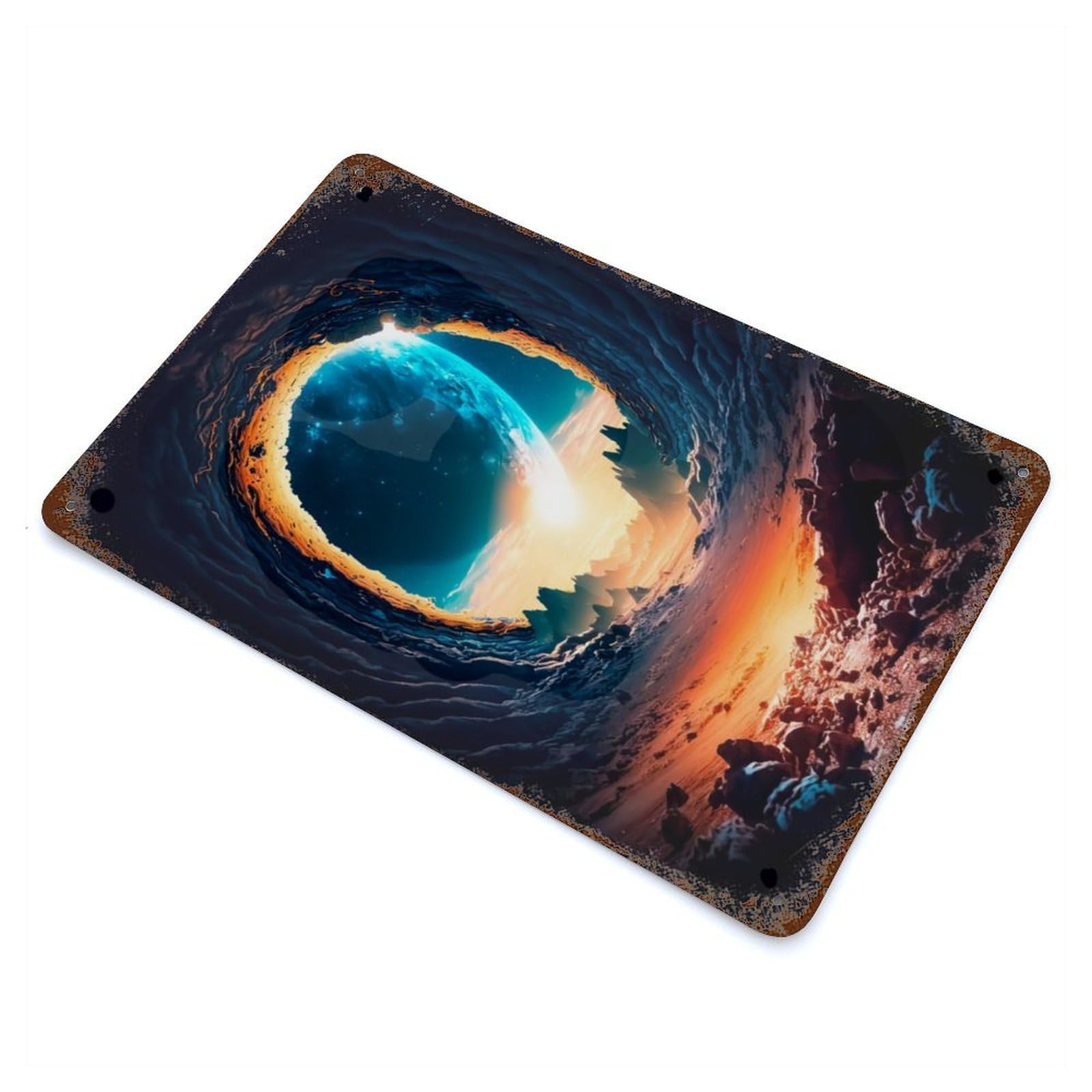 Aged Metal Wall Plaque with Planetary Cave Design 11.8"x7.9", for Cafe, Home Bar And Lounge Decor, Novelty Wall Decor