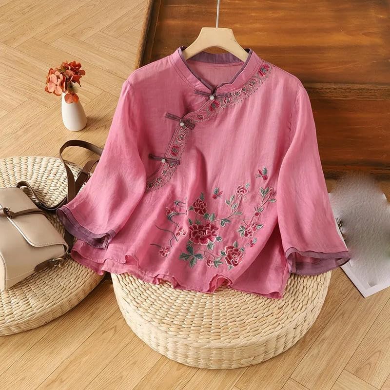 Women's Spring Summer Ethnic Style Cotton Linen Embroidered Asymmetrical Blouse Frog Button Retro 3/4 Sleeve Top