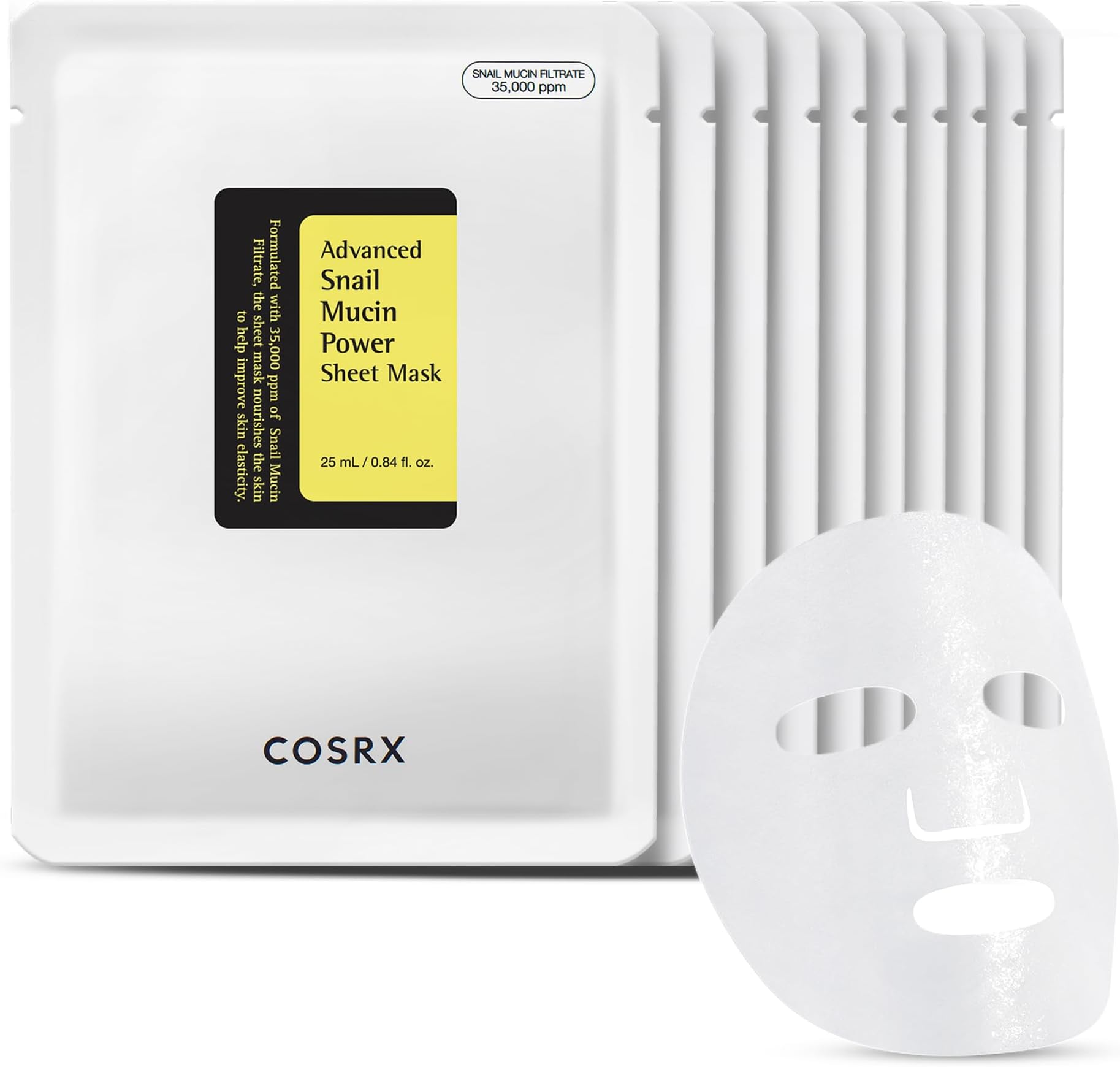 COSRX Advanced Snail Mucin Power Sheet Mask 10 Sheets | 35,000 ppm of Snail Secretion Filtrate | Korean Skin Care, Hydrating, Moisturizing