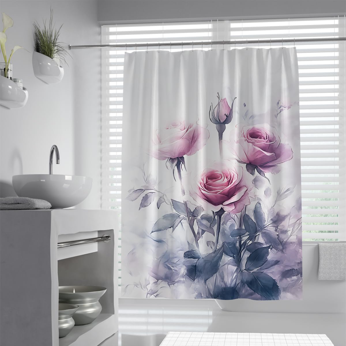 UIRINGART Dusty Pink Rose Shower Curtain W200xL220cm Watercolor Floral Print Water Resistant Mildew Proof Quick Dry Bath Screen with Hooks