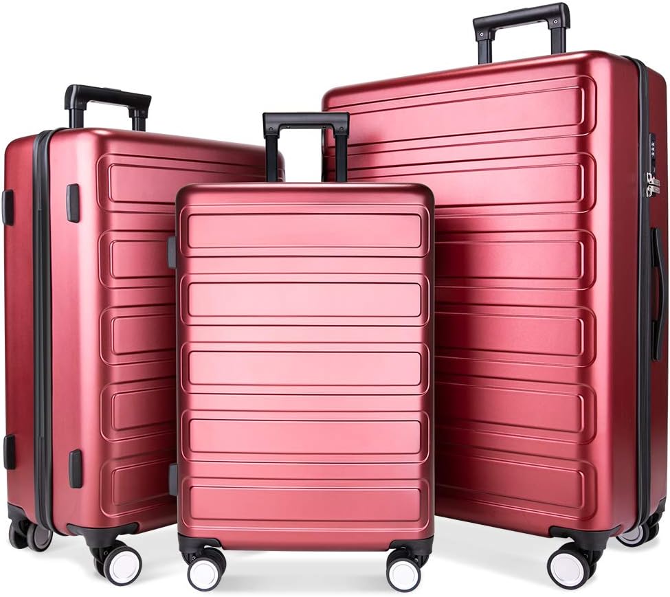 Luggage Sets, SHOWKOO 3 Piece Polycarbonate Durable Hardshell & Lightweight Suitcase Double Wheels TSA Lock City Fashion Red Wine 20in24in28in