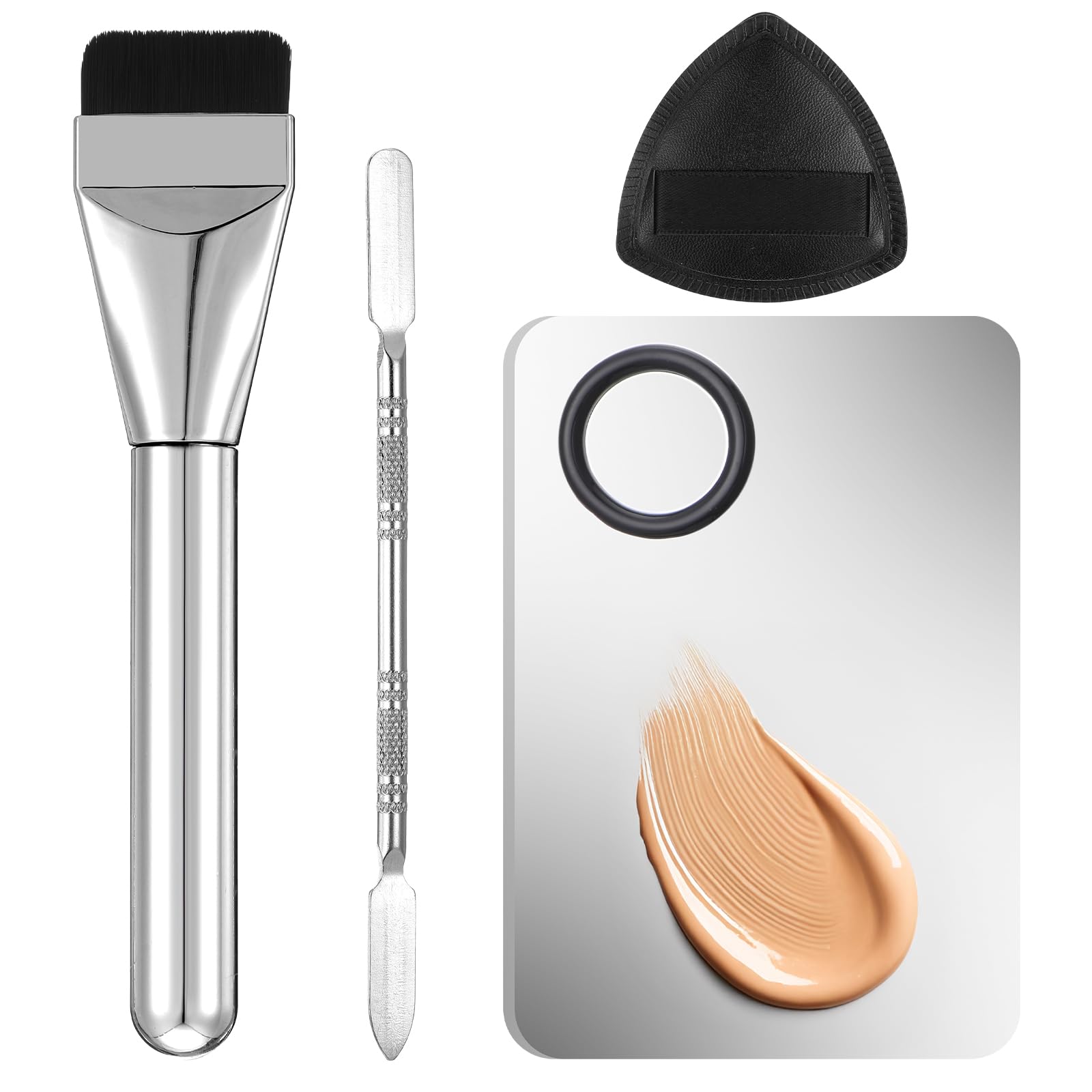 Makeup Foundation Mixing Palette Set of 4, Makeup Spatula, Makeup Brush, Palette Tray, Powder Puff (Stainless Steel)-image-1