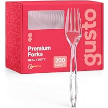 GUSTO [200 Count] Premium Heavyweight Disposable Forks - Clear Plastic Forks, Plastic Cutlery, Perfect for Parties, Events, and Catering Formerly Comfy Package
