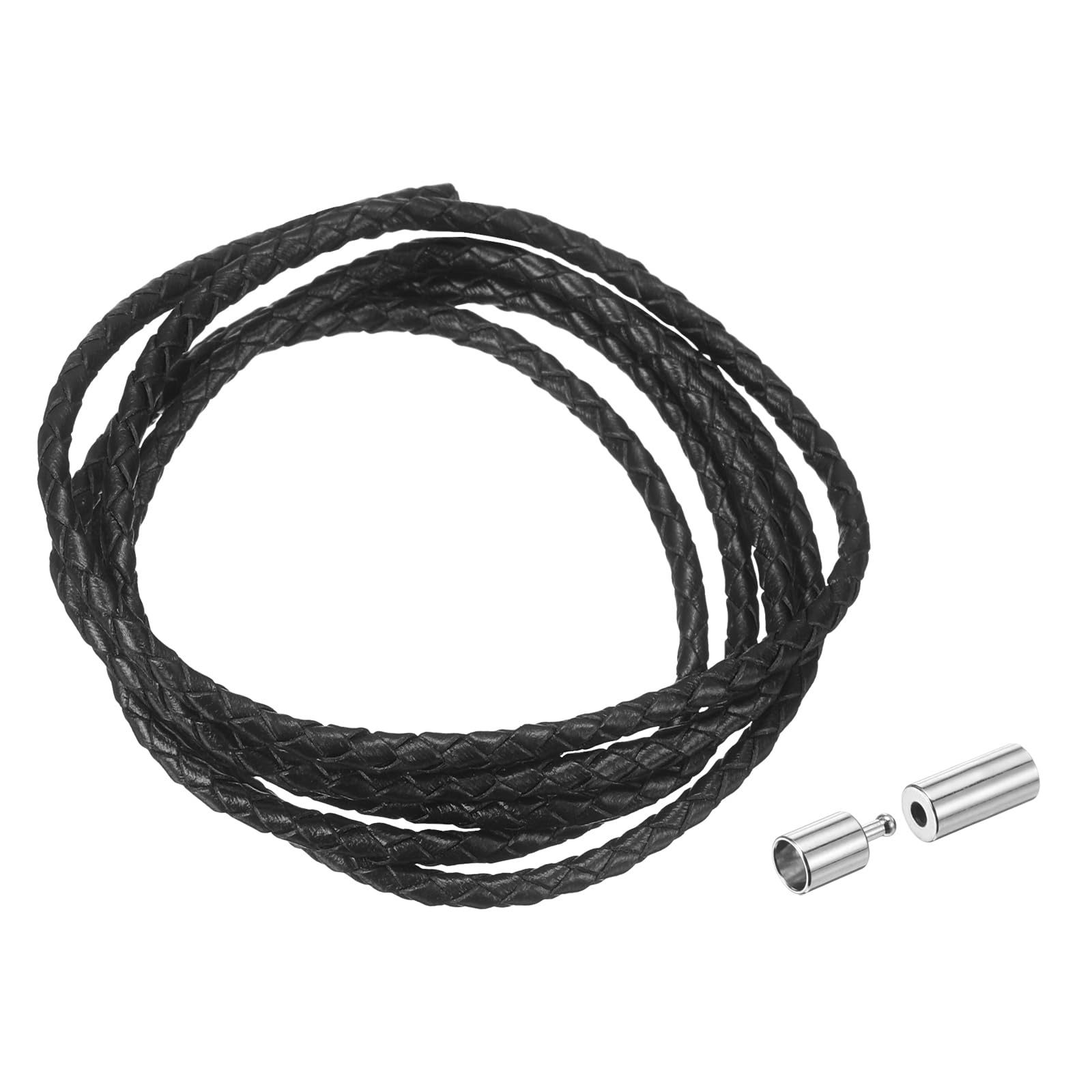 sourcing map Braided Genuine Leather Cord, 3mm 1.1 Yard Round Braiding String with Buttons, Leather Bolo Tie Cord for Crafting, Jewelry Making, Bracelets, Home Decoration, Black