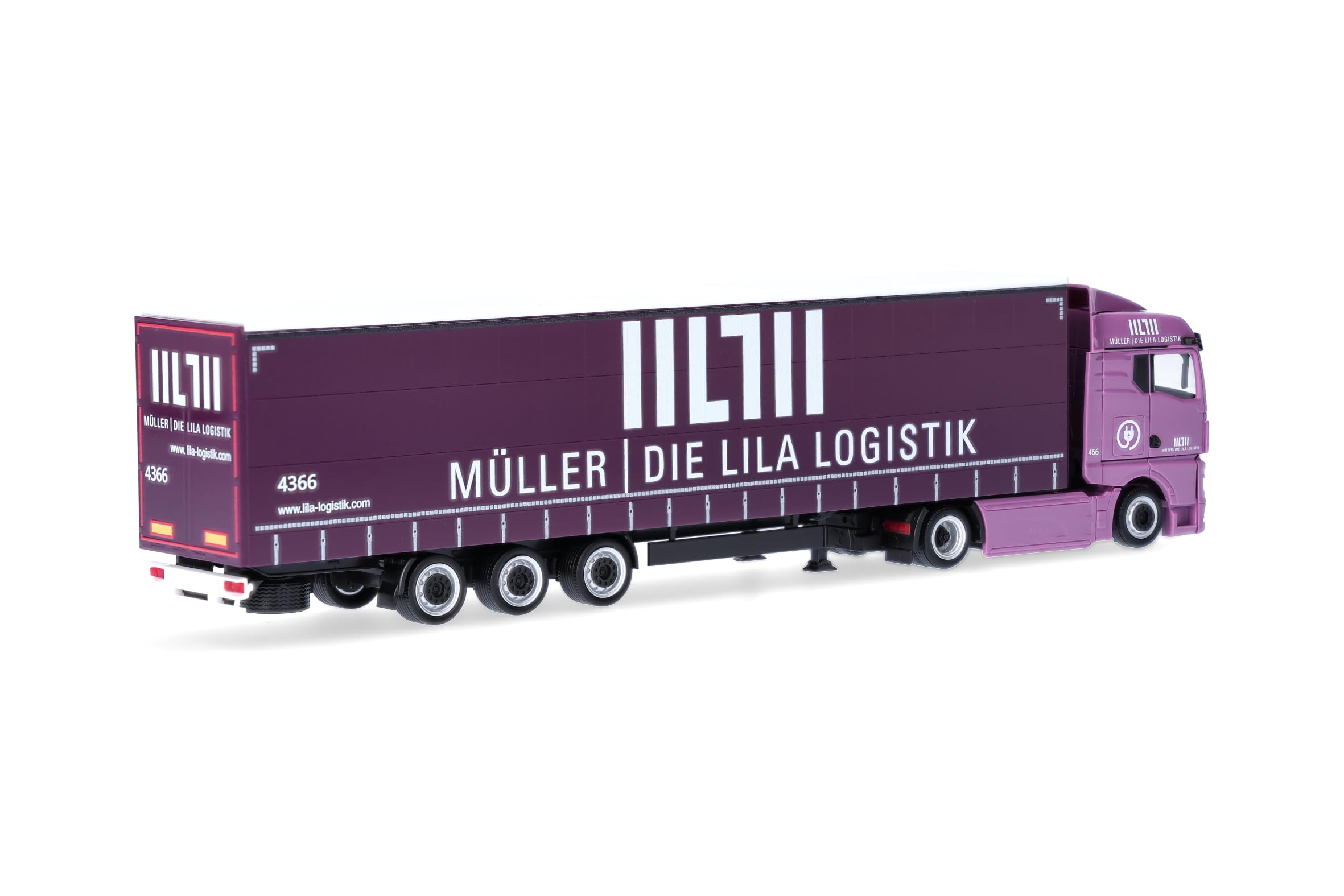 Herpa Model ciężarówki MAN eTGX GM naczepa z plandeką o zwiększonej pojemności „Müller - Die lila Logistik”, skali 1:87, model kolekcjonerski, wyprodukowany w Niemczech, wykonany z tworzywa sztucznego