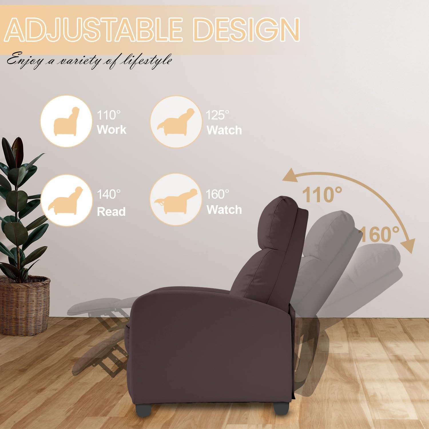 Dopinmin Recliner Chair Breathable Padded PU Leather Massage Single Sofa Recliners for Small Recliner Chair with Footrest Home Theater Seating for Bedroom Living Room,Brown