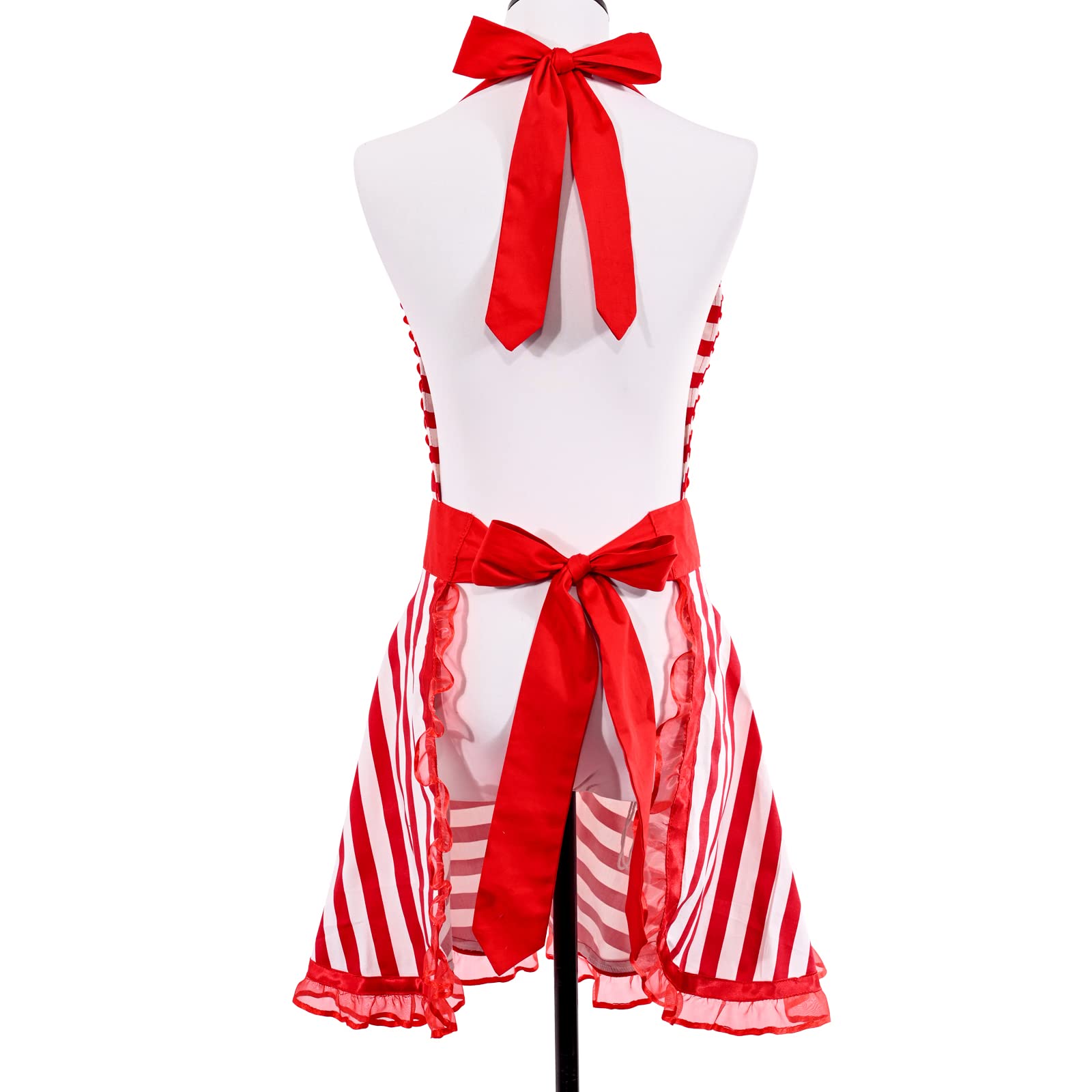 Violet Mist Cute Sweetheart Vintage Apron for Women Girls Polka Dot Retro Stylish Apron Sexy Black Dress 50s Aprons Lace Ruffle Adjustable Neck Strap Flirty Aprons Halloween Christmas Mothers Gifts: Red Striped Lace