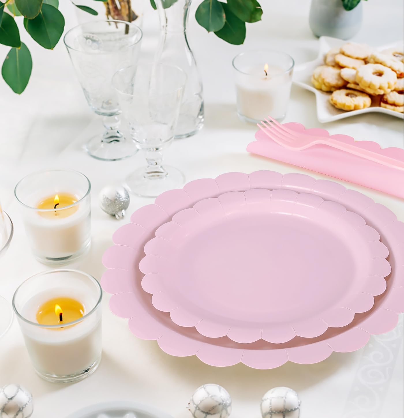 96 Pcs Light Pink Plates and Napkins Party Supplies Serve 24 Guests Including Pink Scalloped Paper Plates and Napkins Plastic Forks for Baby Shower Birthday Party Disposable Dinnerware Set - Image 5