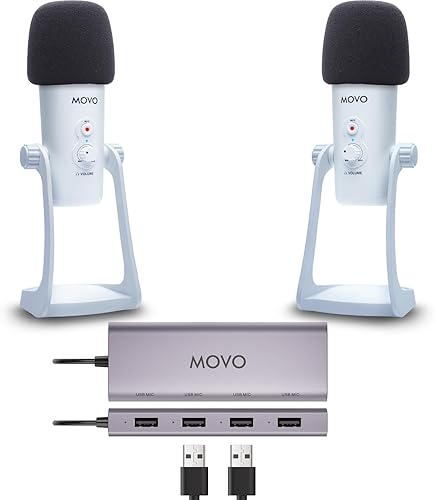 Movo Paquete de equipo de podcast USB para 2 – Interfaz USB con 2 micrófonos de condensador UM700 – Hub alimentado por 4 puertos para transmisión,