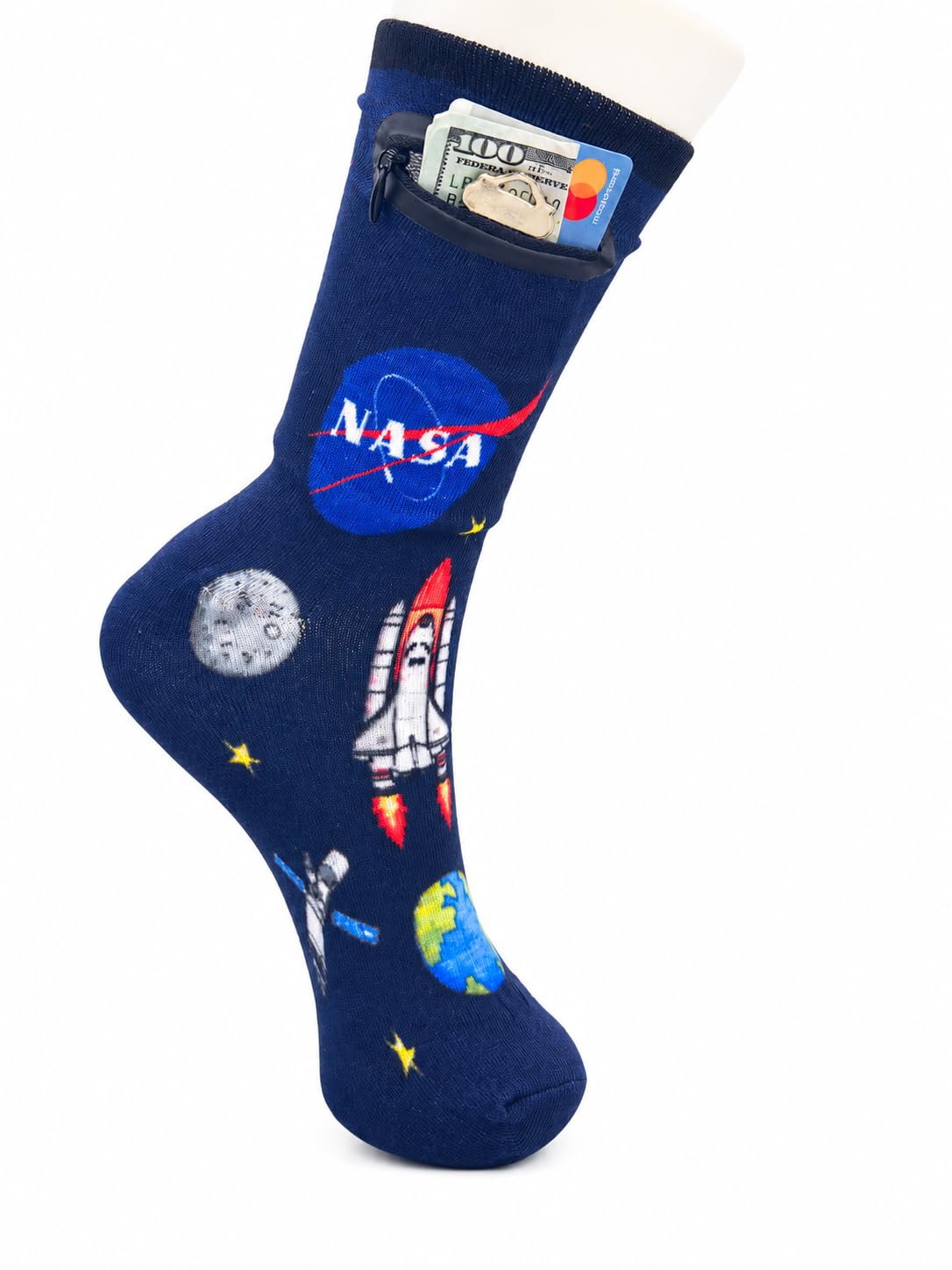 Zipper Sock Wallet - Cotton &amp; Polyester Zipper Socks with Pockets - Fits shoe size 6-13