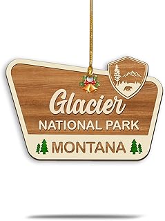 Glacier National Park Wooden Ornament, Glacier Mountain Landscape Scene Bear Decor for Christmas Tree, USA National Park Gifts for Travelers, Hiking Lovers, Keepsake Souvenirs for Family, Friends