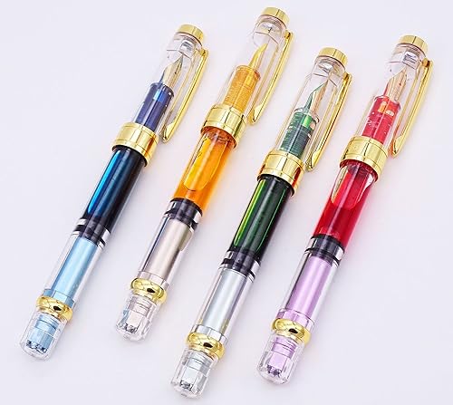 Miniatura 5 de Actualizado Juego de 4 plumas estilográficas Yongsheng 3008 con pistón transparente con borde dorado extra fino de 0.015 in, bolígrafo de gran