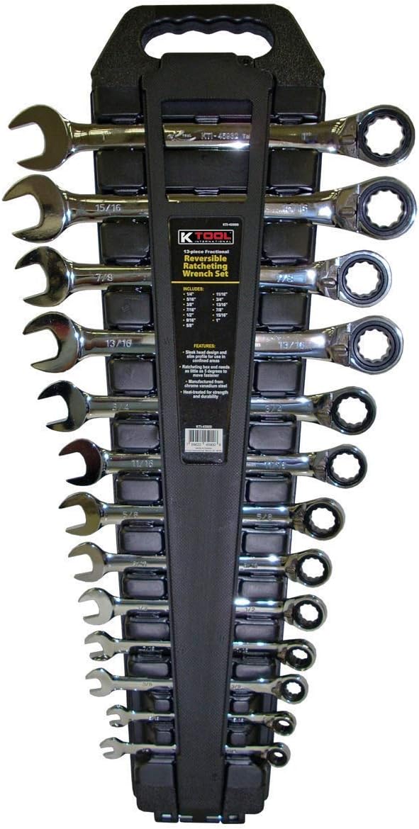 K Tool International 45900 SAE Reversible Ratcheting Wrench Set for Garages, Repair Shops and DIY, 1/4" to 1", Offset-head Design, 6 and 12-point Nuts, Laser-Engraved, Metal Construction, 13 Piece