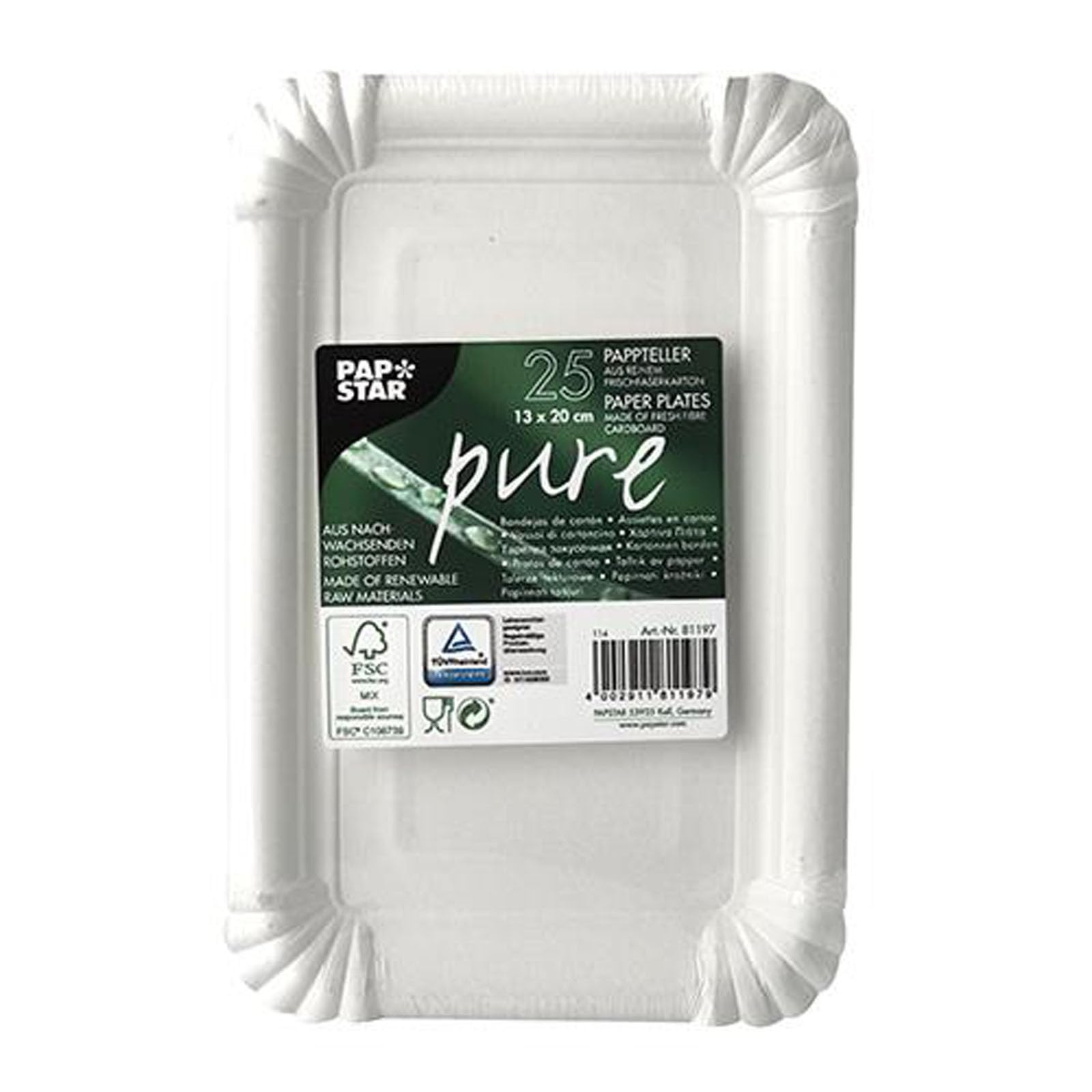 Papstar | 25 Piatti di Carta Pure Rettangolari, Dimensioni 13 cm x 20 cm, Colore Bianco, Materiale Cartone in Pura Cellulosa, Grammatura 250 g/m², 25 Piatti x 18 Confezioni