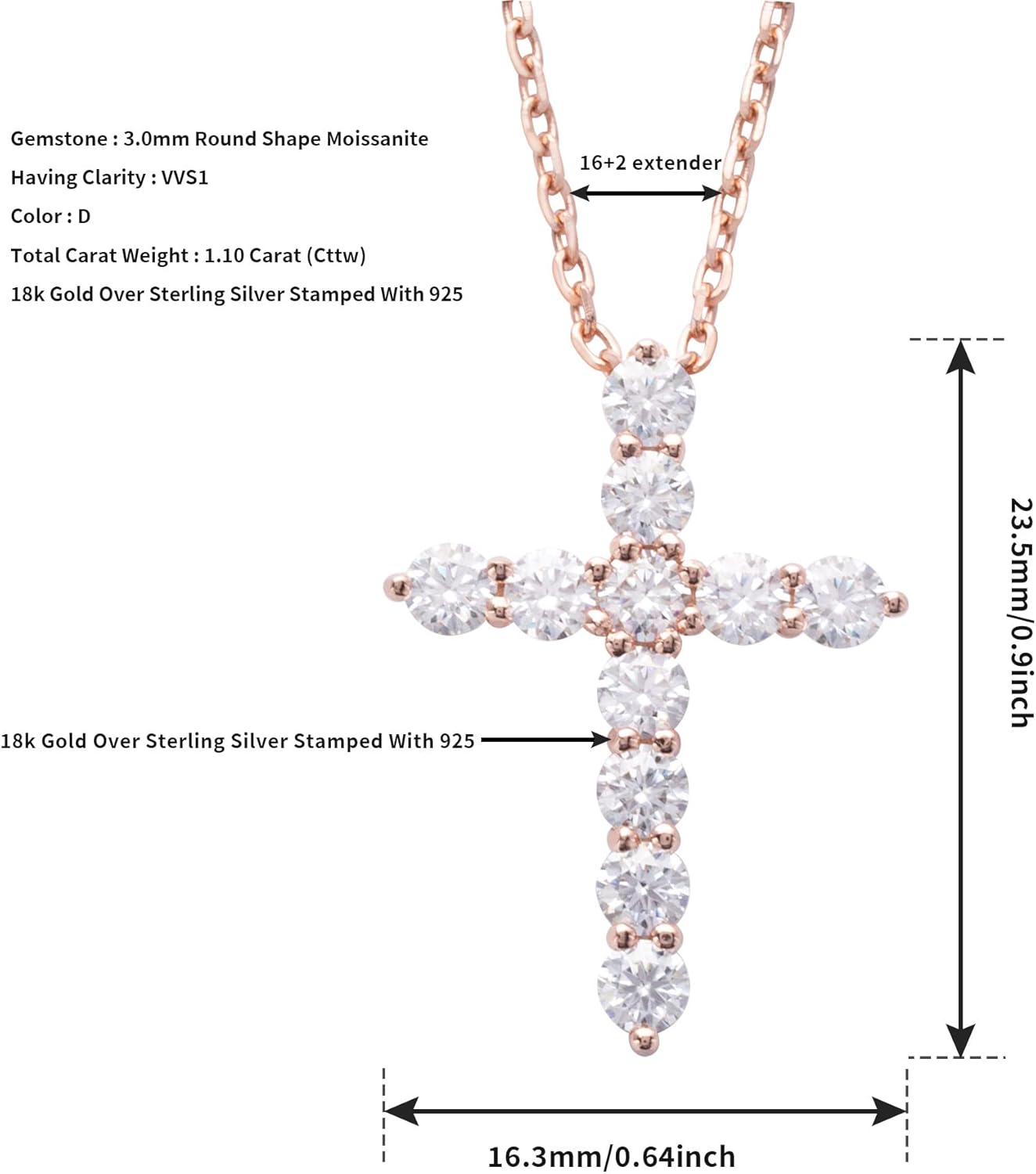 Ladylike Moissanite Cross Pendant Necklace for Women with 11 Pieces of 3mm D VVS1 Moissanites 18K Gold Plated Sterling Silver Small and Exquisite16+2”inches Necklace Chain - Image 8