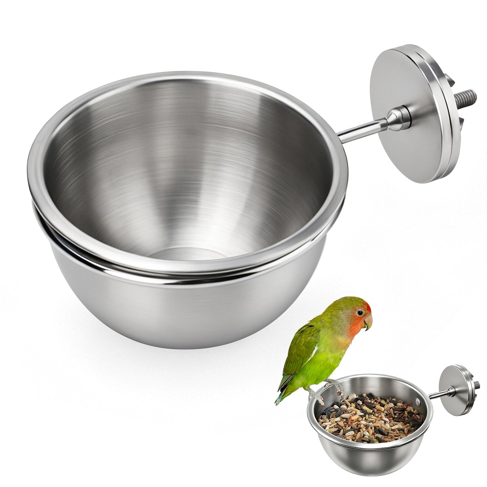 LOURCQVO Anti-Tip Bird Bowls for Water Food, Heavy Duty 304 Stainless Steel Parrot Feeder Cups with Locking Buckle, Bird Cage Accessories for Parakeet Cockatiel Conure, 370ml