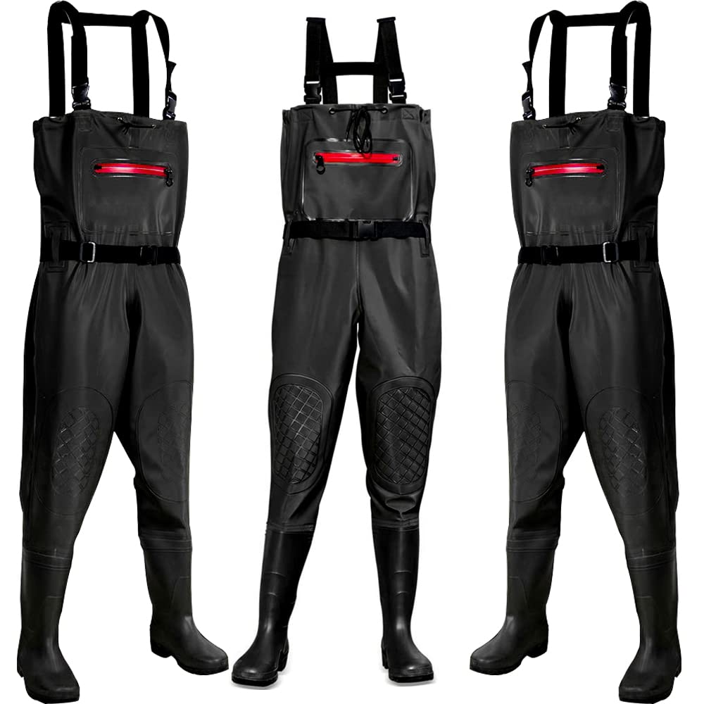 KoiHouse ウェーダー チェストハイウェーダー 强力防水 釣り PVCウェーダー 大雨 防災 対策 胴付き長靴 全５サイズ (28CM, ブラック)