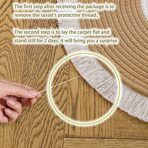 Image of Cotton Rope Rounds Rug with Tassels - Handwoven Bohemian Carpet for Living Room, Bedroom, Pooja & Home Decor, Soft & Washable Floor Mat, White & Beige, 7x7 feet