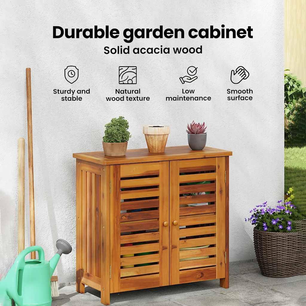 Graphic highlighting features of the durable garden cabinet: sturdy and stable, natural wood texture, low maintenance, and smooth surface
