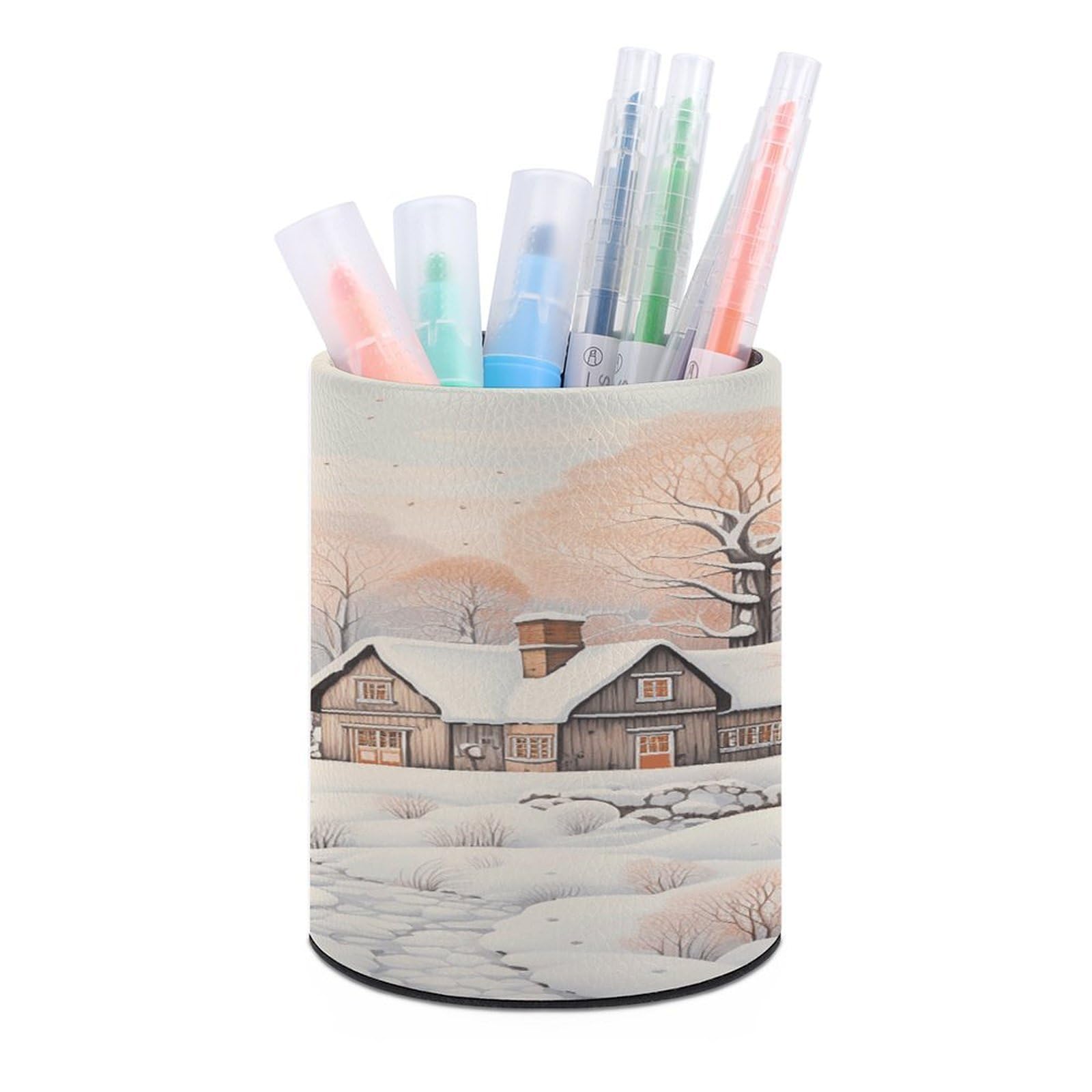 FekiLoot PU Leather Round Pen Holder Snow And House Pencil Holder Desk Organizer Pen Organizer Pen Cup Pencil Cup Caddy Desktop Stationery Organizers for Office Home Supplies