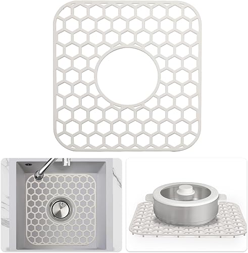 Miniatura 27 de Paquete de 2 tapetes de silicona para fregadero de 13.58 x 11.6 pulgadas, protectores para fregadero de cocina con drenaje central, rejilla Gris