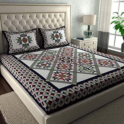 Image of La Verne104 TC 100% Cotton Jaipuri Rjasathani Hand Print Bedsheet with 2 Pillow Covers (Tricolor)