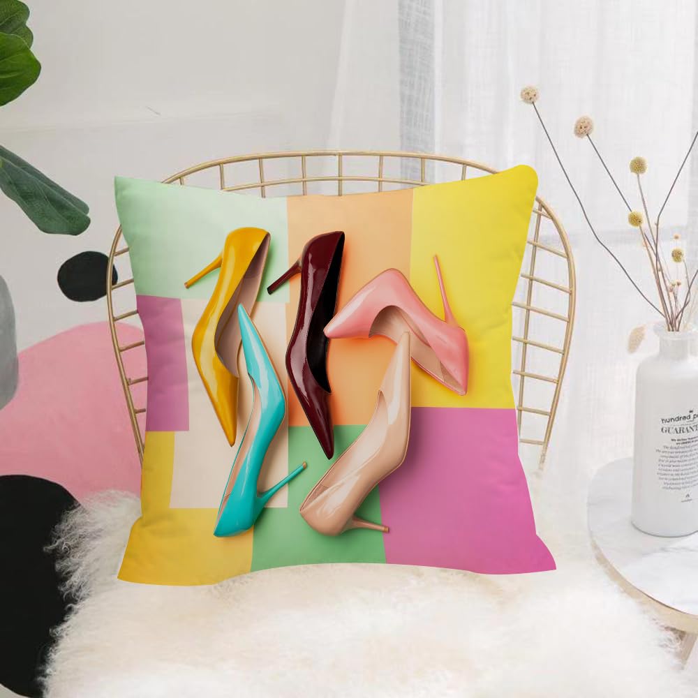 HYOSXW Cushion Cover,Throw Pillow Case Home Decorative for Living Room Bedroom Sofa Chair 16X16 Inch,Colorful stiletto heels on colorful checkered background,Pillowcase 40X40cm